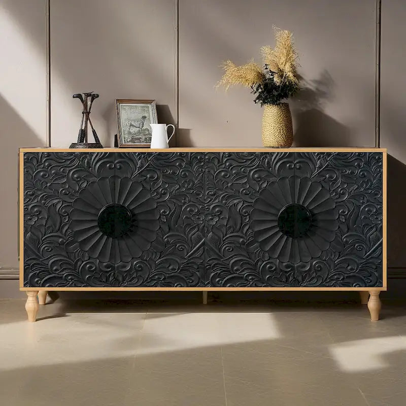 Buffet de rangement sculpté avec motifs floraux, en MDF, 160 cm de large, pour salon et cuisine