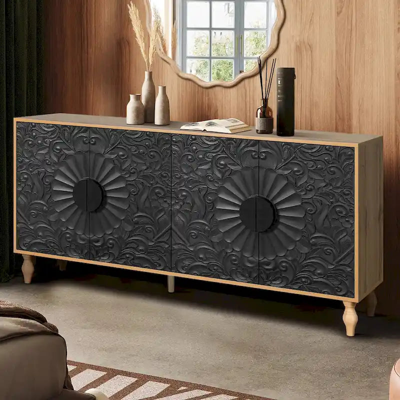 Buffet de rangement sculpté avec motifs floraux, en MDF, 160 cm de large, pour salon et cuisine