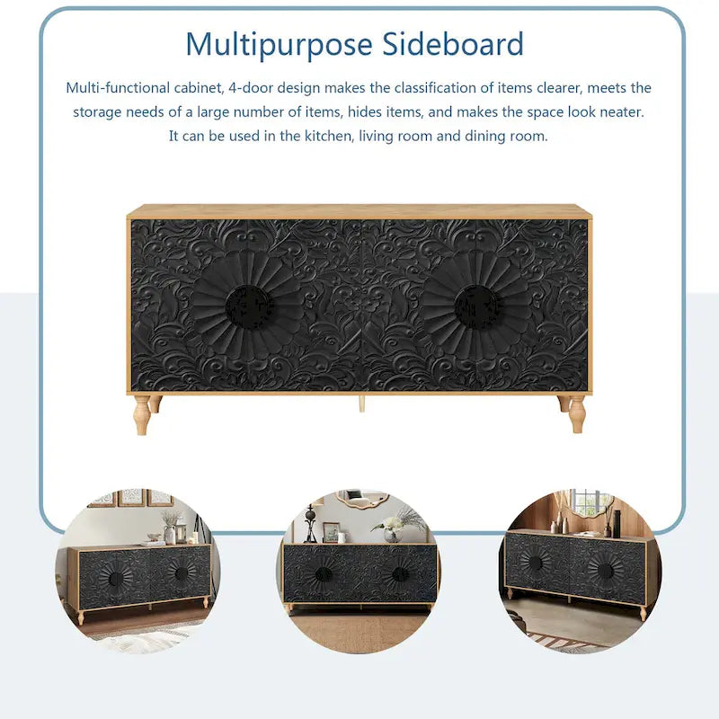 Buffet de rangement sculpté avec motifs floraux, en MDF, 160 cm de large, pour salon et cuisine