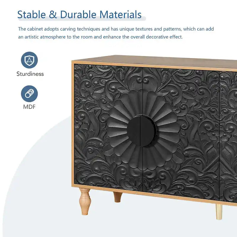 Buffet de rangement sculpté avec motifs floraux, en MDF, 160 cm de large, pour salon et cuisine