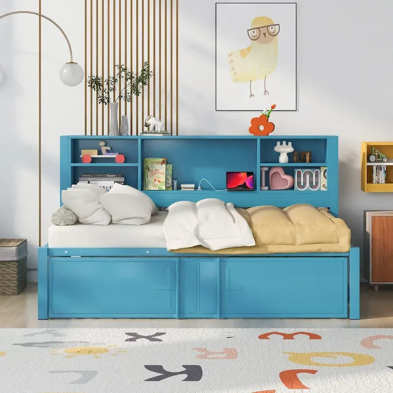 Lit de repos double en métal rembourré avec lit gigogne double, cadre de lit superposé, ports USB et étagères de rangement peu encombrant, assemblage facile
