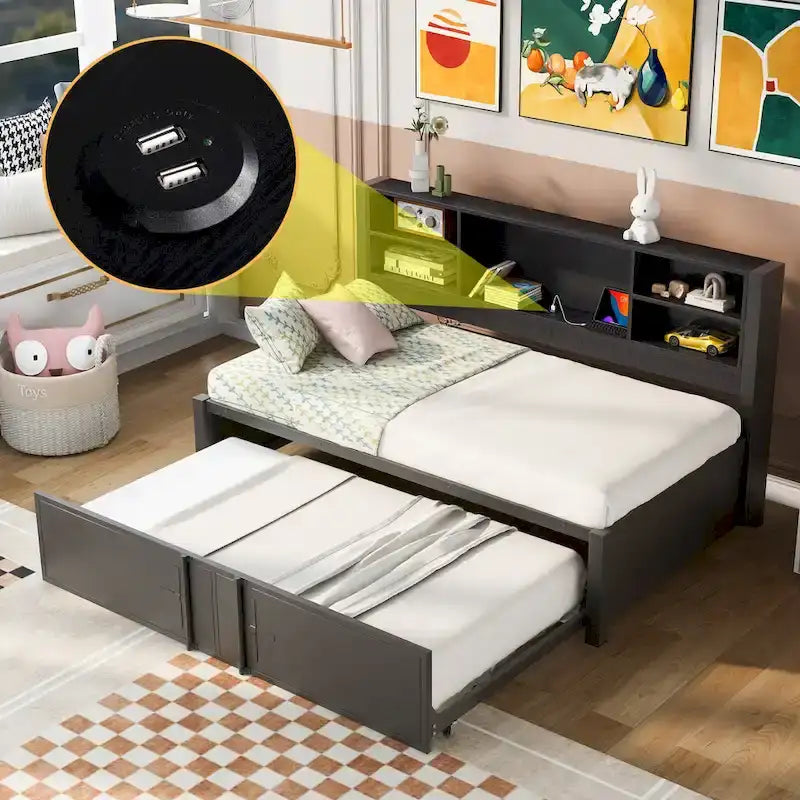 Lit de repos double en métal rembourré avec lit gigogne double, cadre de lit superposé, ports USB et étagères de rangement peu encombrant, assemblage facile
