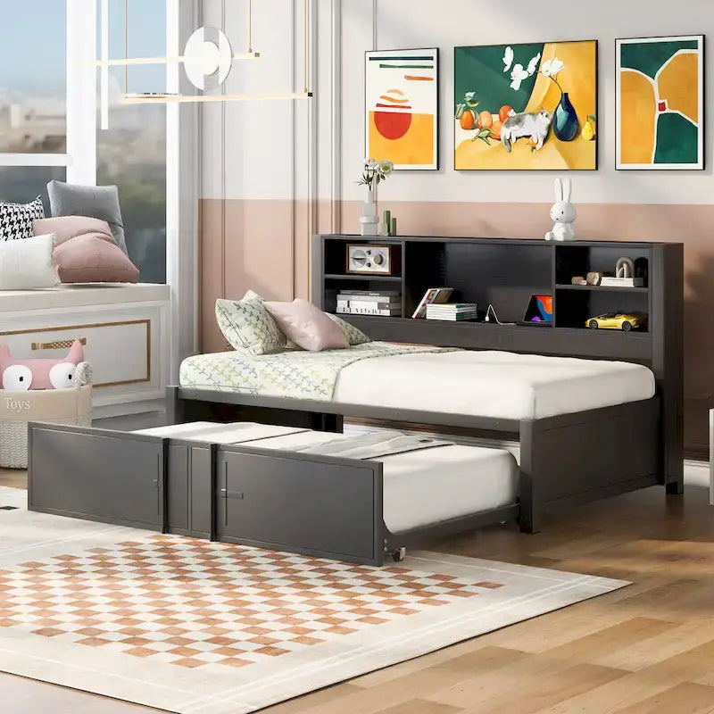 Lit de repos double en métal rembourré avec lit gigogne double, cadre de lit superposé, ports USB et étagères de rangement peu encombrant, assemblage facile