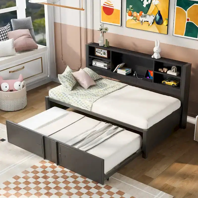 Lit de repos double en métal rembourré avec lit gigogne double, cadre de lit superposé, ports USB et étagères de rangement peu encombrant, assemblage facile