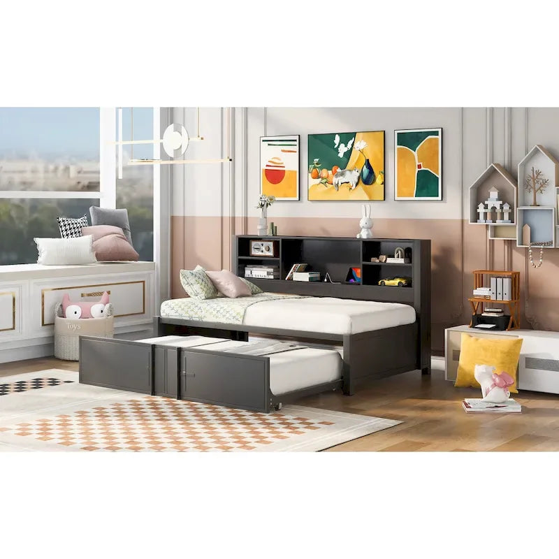Lit de repos double en métal rembourré avec lit gigogne double, cadre de lit superposé, ports USB et étagères de rangement peu encombrant, assemblage facile