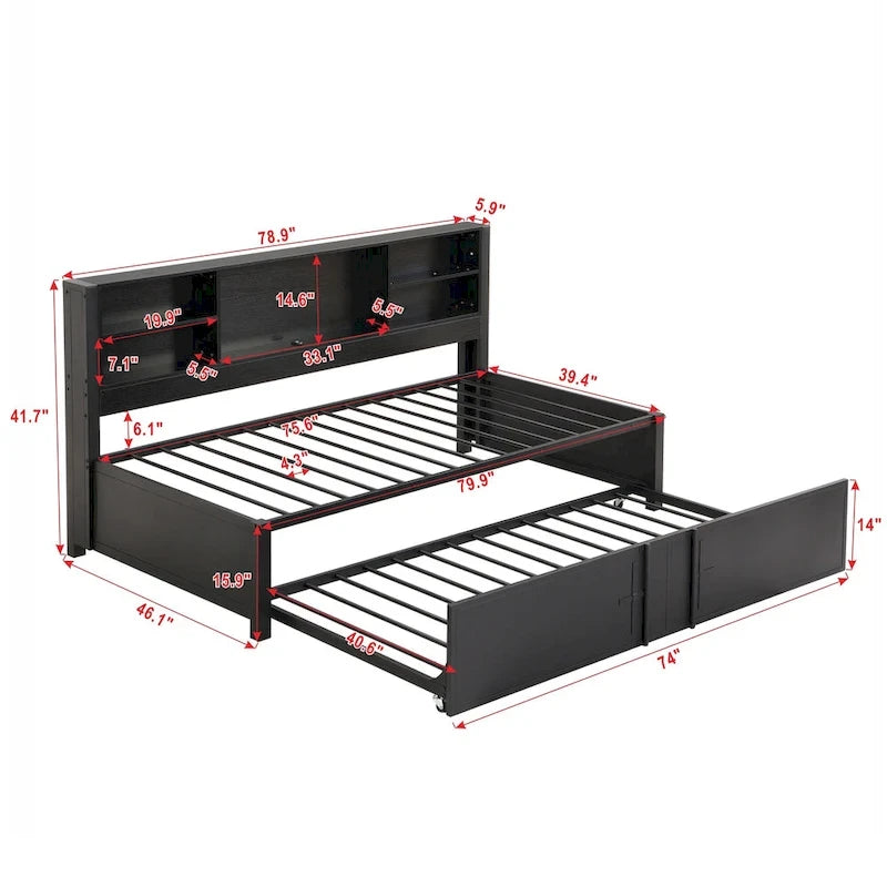 Lit de repos double en métal rembourré avec lit gigogne double, cadre de lit superposé, ports USB et étagères de rangement peu encombrant, assemblage facile