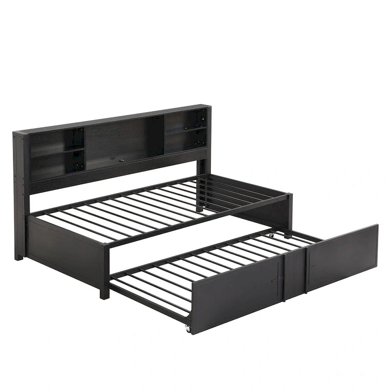 Lit de repos double en métal rembourré avec lit gigogne double, cadre de lit superposé, ports USB et étagères de rangement peu encombrant, assemblage facile