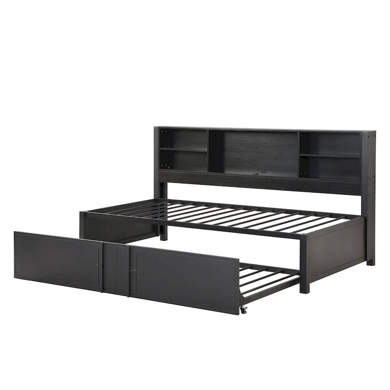 Lit de repos double en métal rembourré avec lit gigogne double, cadre de lit superposé, ports USB et étagères de rangement peu encombrant, assemblage facile