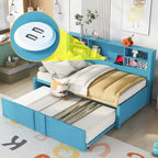 Lit de repos double en métal rembourré avec lit gigogne double, cadre de lit superposé, ports USB et étagères de rangement peu encombrant, assemblage facile