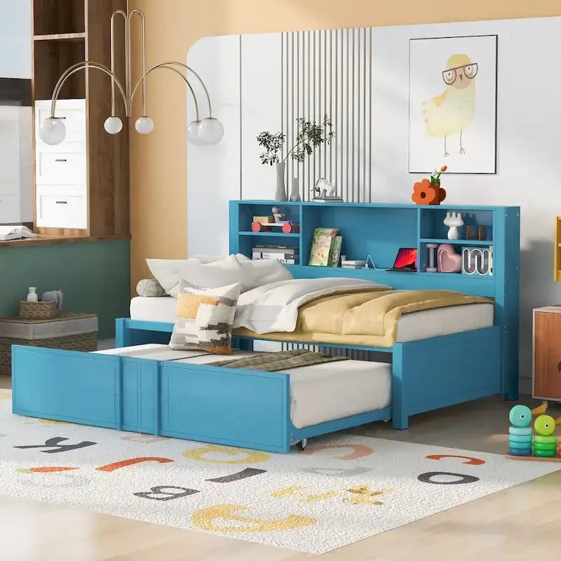 Lit de repos double en métal rembourré avec lit gigogne double, cadre de lit superposé, ports USB et étagères de rangement peu encombrant, assemblage facile