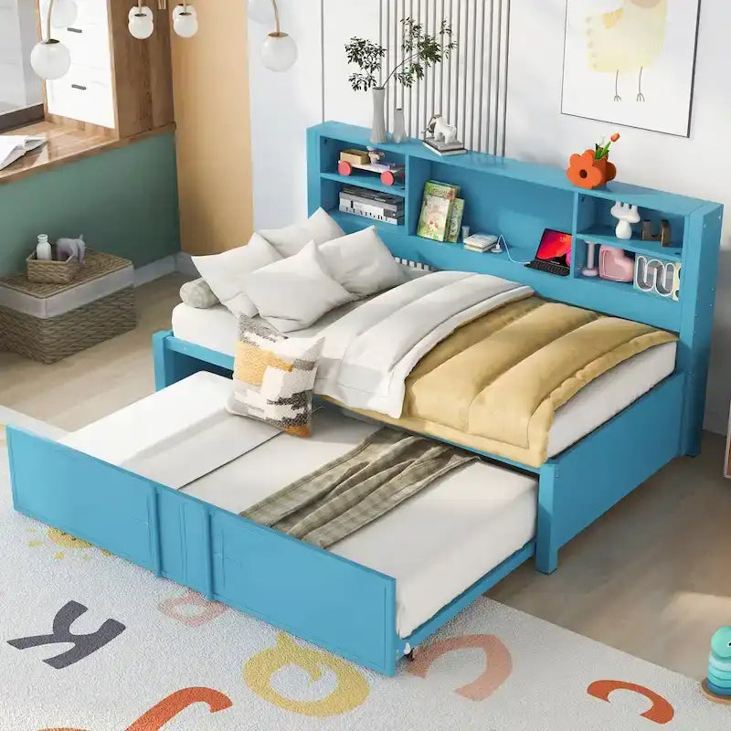 Lit de repos double en métal rembourré avec lit gigogne double, cadre de lit superposé, ports USB et étagères de rangement peu encombrant, assemblage facile