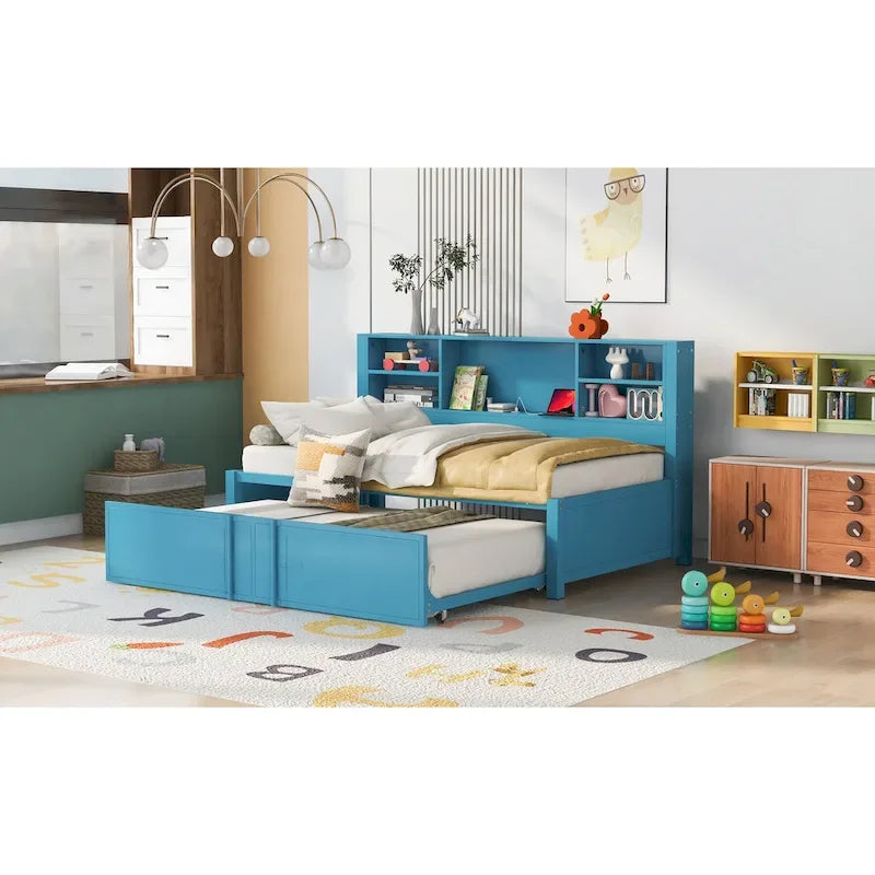 Lit de repos double en métal rembourré avec lit gigogne double, cadre de lit superposé, ports USB et étagères de rangement peu encombrant, assemblage facile