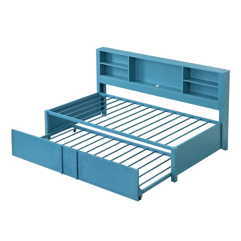 Lit de repos double en métal rembourré avec lit gigogne double, cadre de lit superposé, ports USB et étagères de rangement peu encombrant, assemblage facile