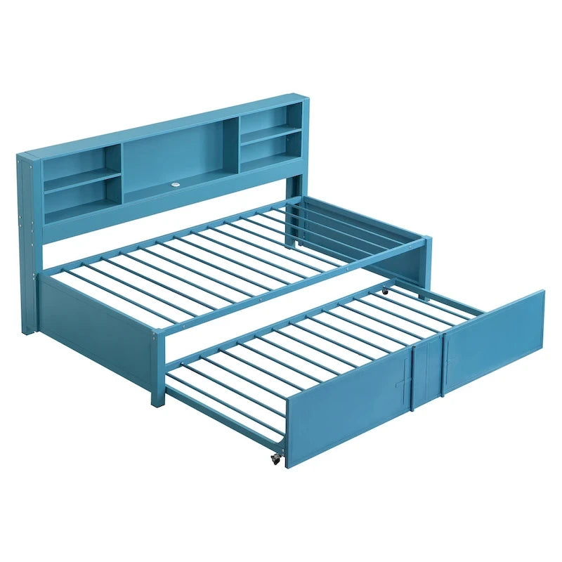 Lit de repos double en métal rembourré avec lit gigogne double, cadre de lit superposé, ports USB et étagères de rangement peu encombrant, assemblage facile