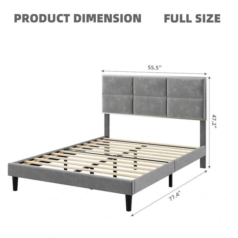 Cadre de lit rembourré avec plateforme et tête de lit carrée en velours