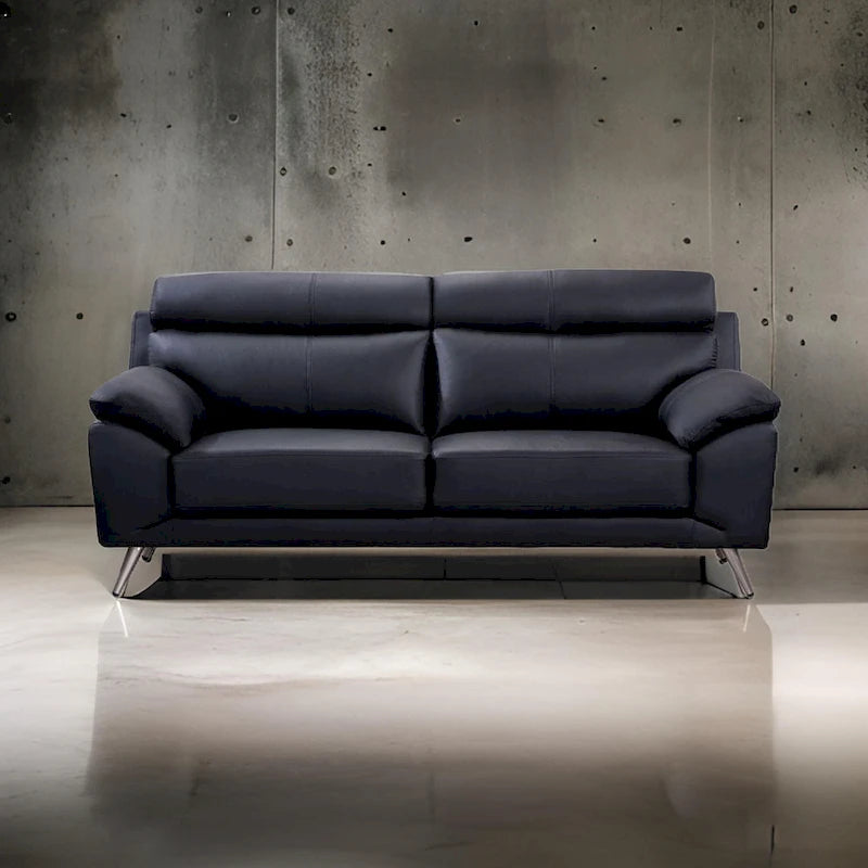 Canapé 3 places 80", cuir pleine fleur italien noir, coussins en mousse haute densité, pieds en acier inoxydable