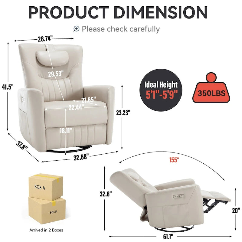 Fauteuil inclinable pivotant motorisé, pivotant à 270°, chargement USB-C, oreiller lombaire