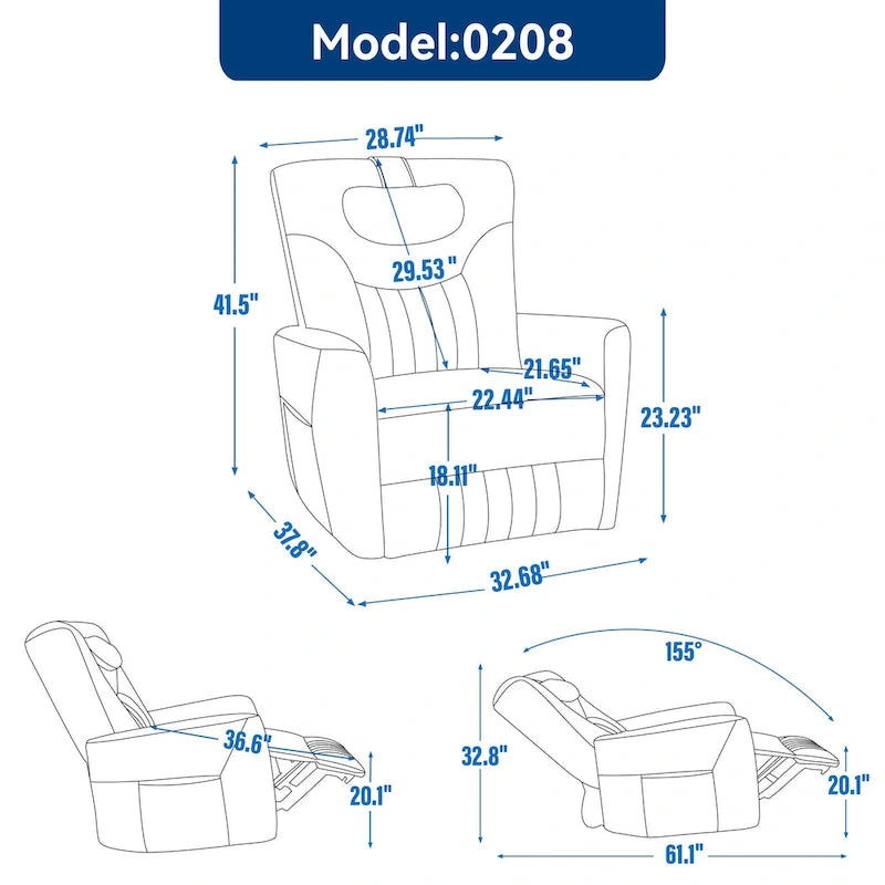 Fauteuil inclinable pivotant motorisé, pivotant à 270°, chargement USB-C, oreiller lombaire