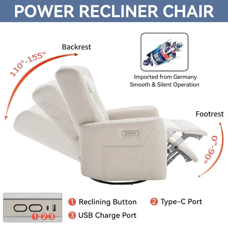 Fauteuil inclinable pivotant motorisé, pivotant à 270°, chargement USB-C, oreiller lombaire