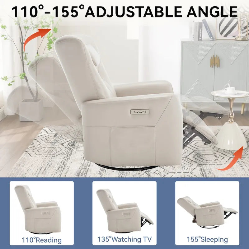 Fauteuil inclinable pivotant motorisé, pivotant à 270°, chargement USB-C, oreiller lombaire