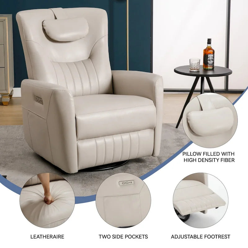Fauteuil inclinable pivotant motorisé, pivotant à 270°, chargement USB-C, oreiller lombaire