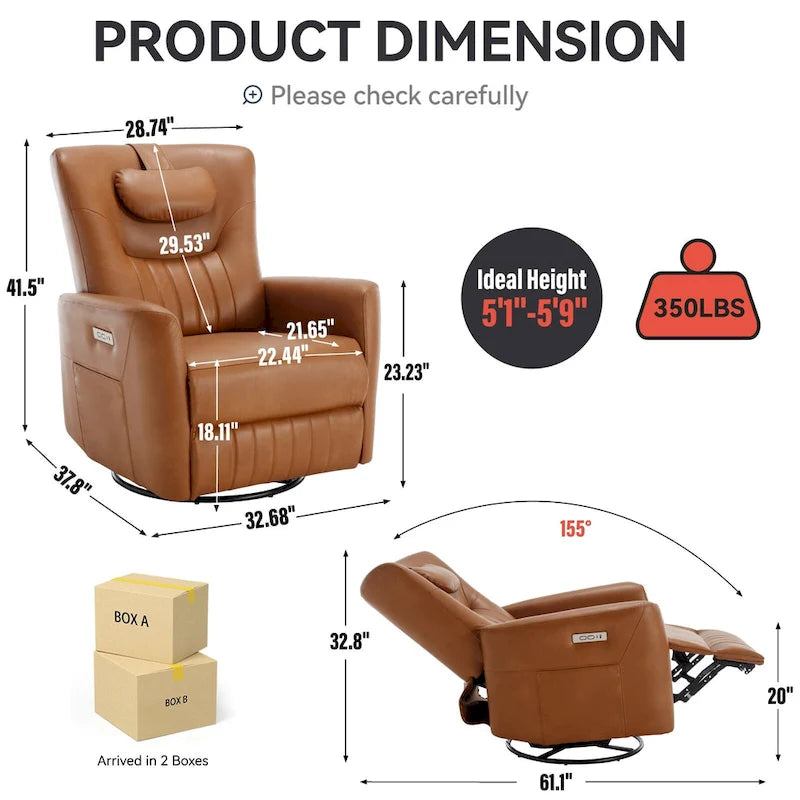 Fauteuil inclinable pivotant motorisé, pivotant à 270°, chargement USB-C, oreiller lombaire