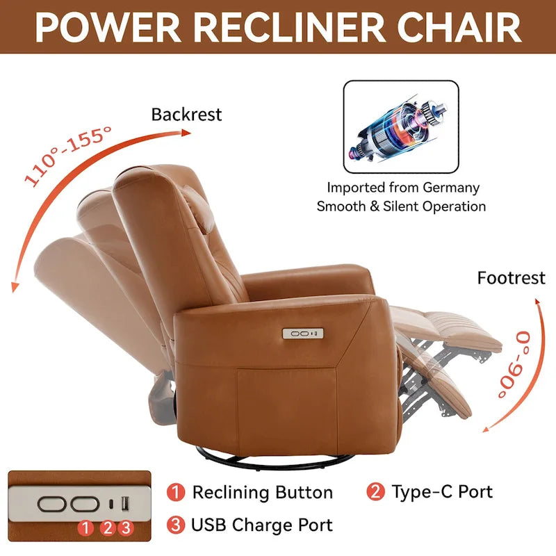 Fauteuil inclinable pivotant motorisé, pivotant à 270°, chargement USB-C, oreiller lombaire