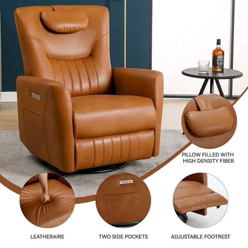 Fauteuil inclinable pivotant motorisé, pivotant à 270°, chargement USB-C, oreiller lombaire