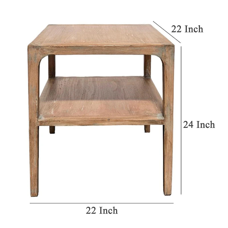 Table d'appoint d'angle avec étagère de rangement, Bois de pin gris, 56 cm de côté, Table basse de salon