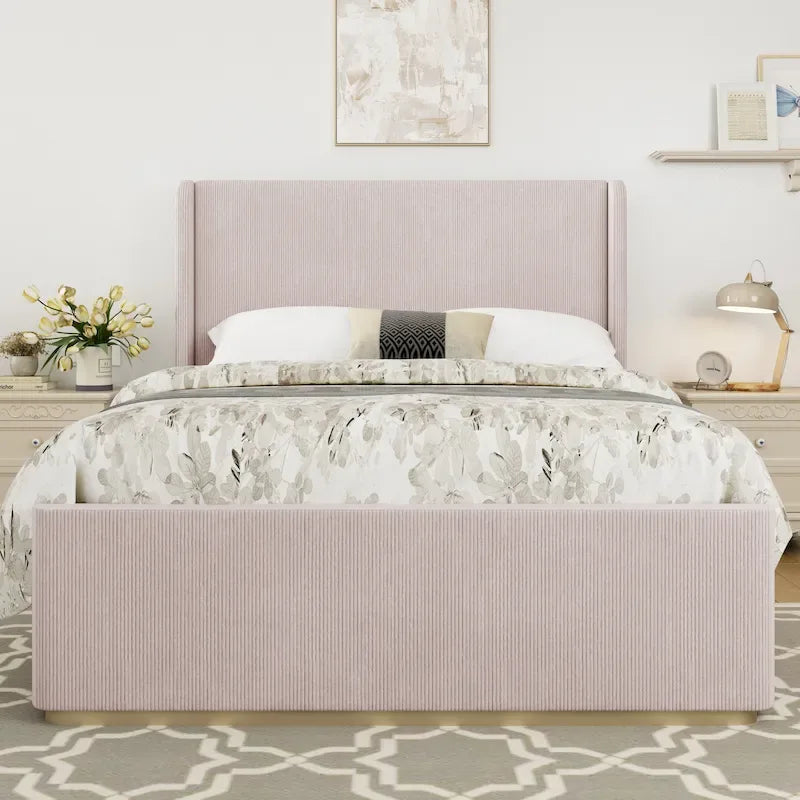 Lit King Size en velours côtelé rembourré avec tête de lit capitonnée à oreilles de 119 cm et cadre en métal/bois (sommier tapissier non requis)