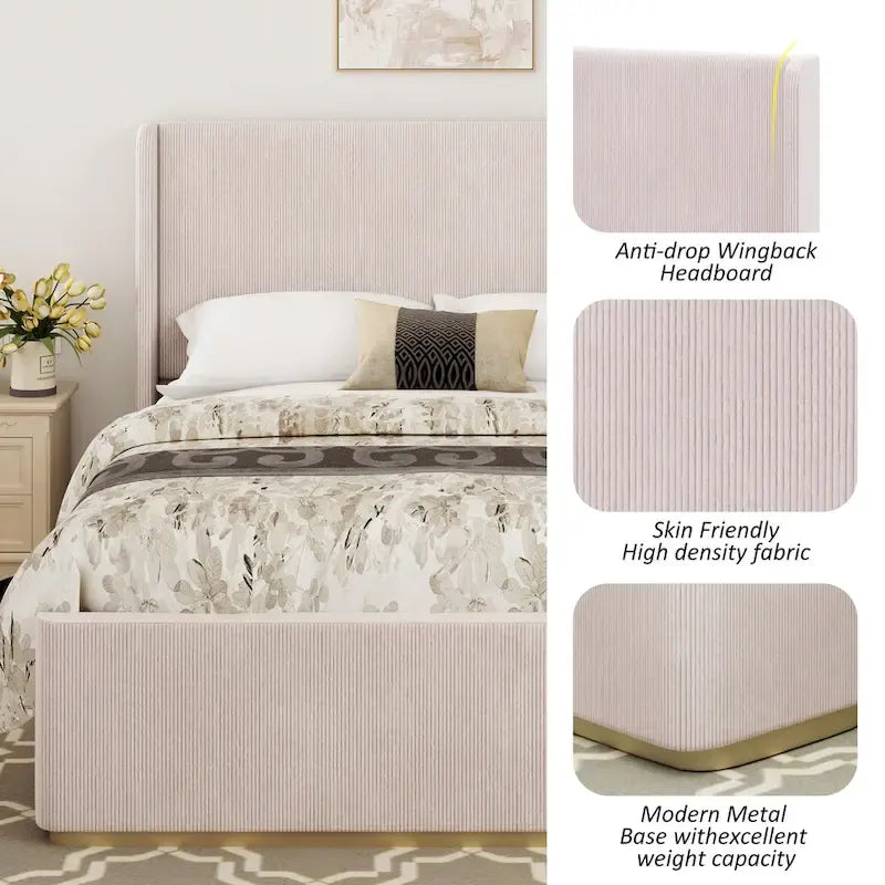 Lit King Size en velours côtelé rembourré avec tête de lit capitonnée à oreilles de 119 cm et cadre en métal/bois (sommier tapissier non requis)