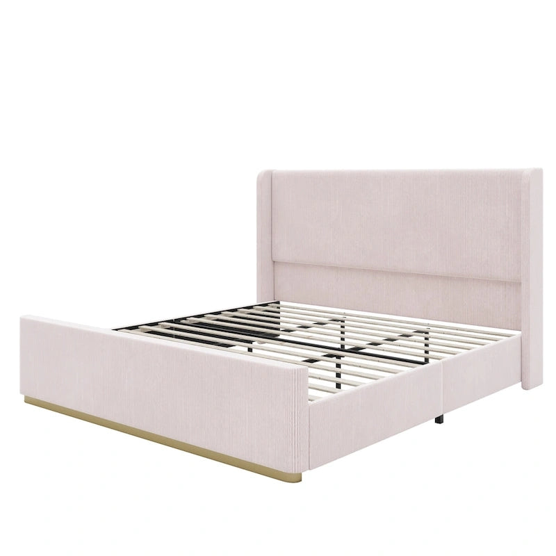 Lit King Size en velours côtelé rembourré avec tête de lit capitonnée à oreilles de 119 cm et cadre en métal/bois (sommier tapissier non requis)