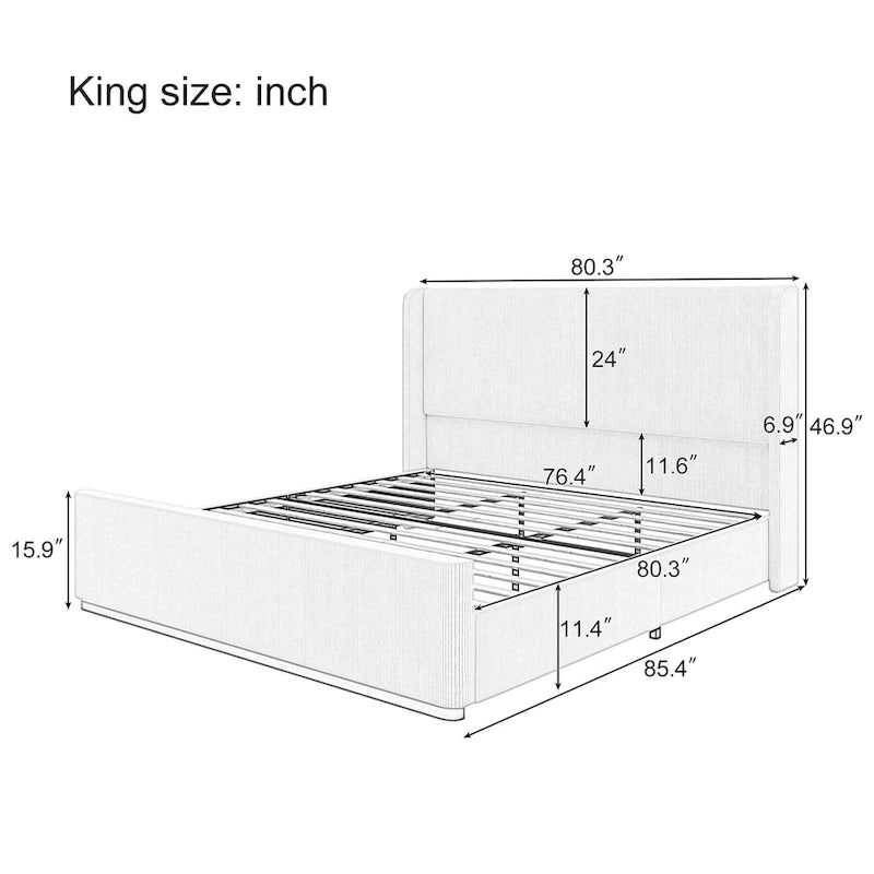 Lit King Size en velours côtelé rembourré avec tête de lit capitonnée à oreilles de 119 cm et cadre en métal/bois (sommier tapissier non requis)
