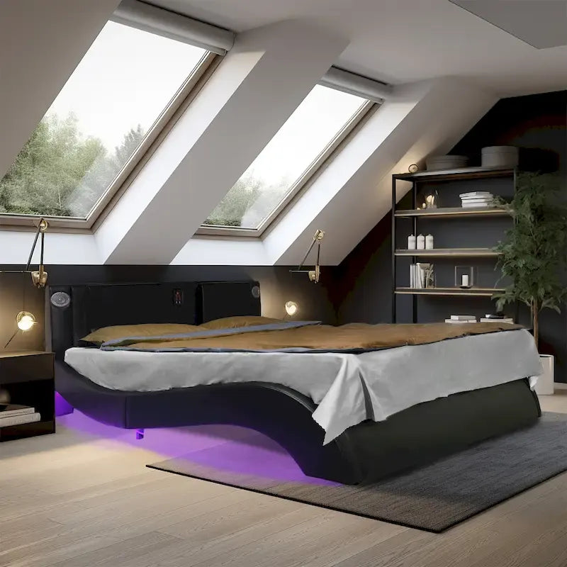 Lit plateforme en cuir PVC avec lumières LED RVB, haut-parleur Bluetooth et chargement USB