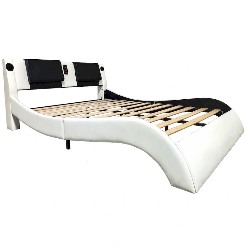 Lit plateforme en cuir PVC avec lumières LED RVB, haut-parleur Bluetooth et chargement USB