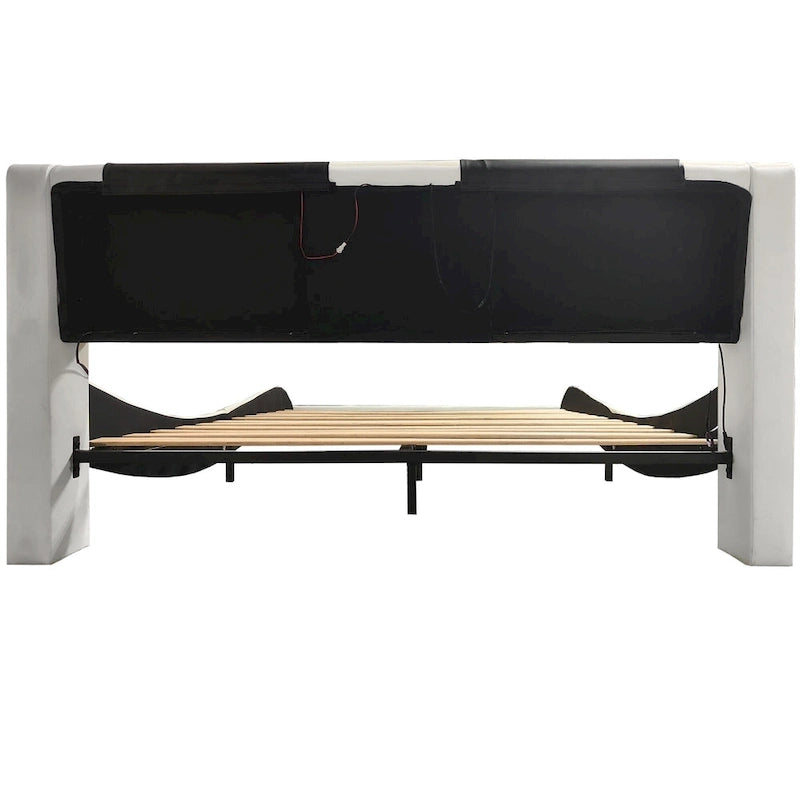 Lit plateforme en cuir PVC avec lumières LED RVB, haut-parleur Bluetooth et chargement USB