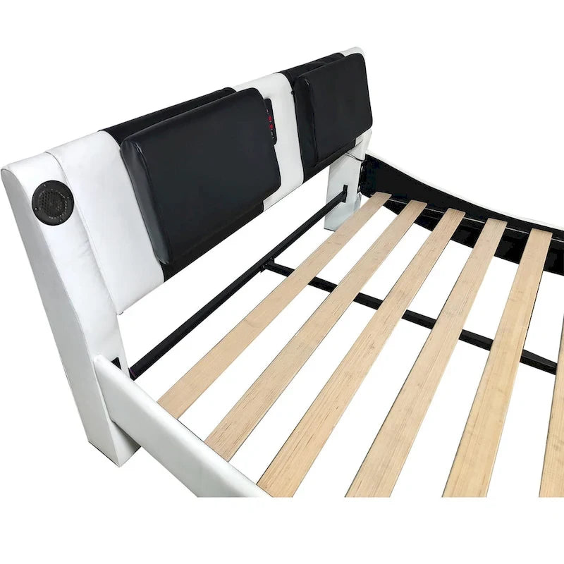 Lit plateforme en cuir PVC avec lumières LED RVB, haut-parleur Bluetooth et chargement USB