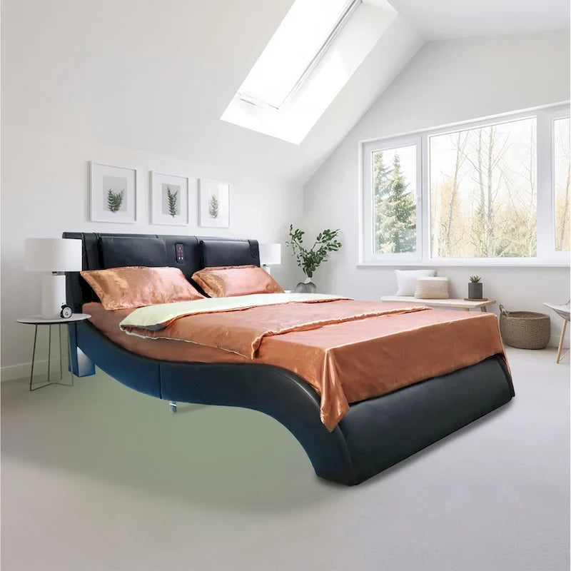 Lit plateforme en cuir PVC avec lumières LED RVB, haut-parleur Bluetooth et chargement USB