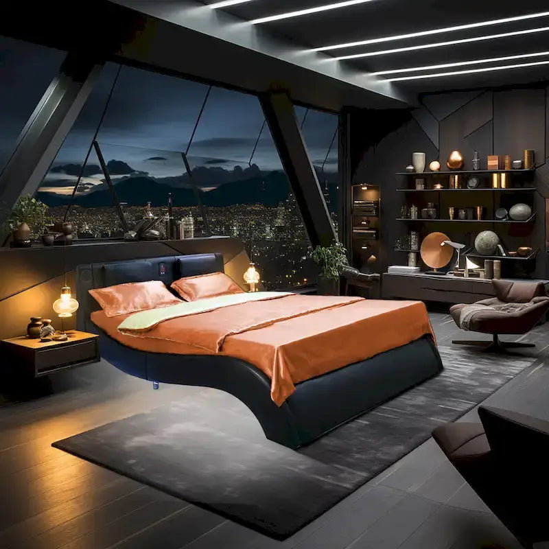 Lit plateforme en cuir PVC avec lumières LED RVB, haut-parleur Bluetooth et chargement USB