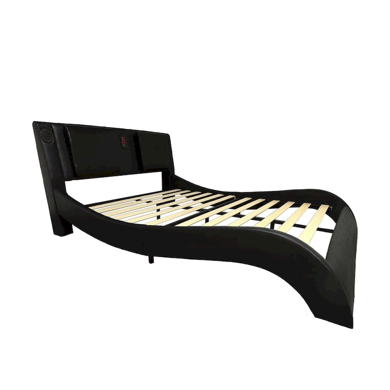 Lit plateforme en cuir PVC avec lumières LED RVB, haut-parleur Bluetooth et chargement USB