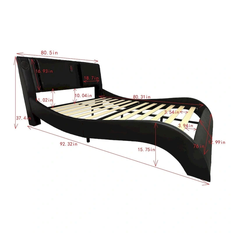 Lit plateforme en cuir PVC avec lumières LED RVB, haut-parleur Bluetooth et chargement USB
