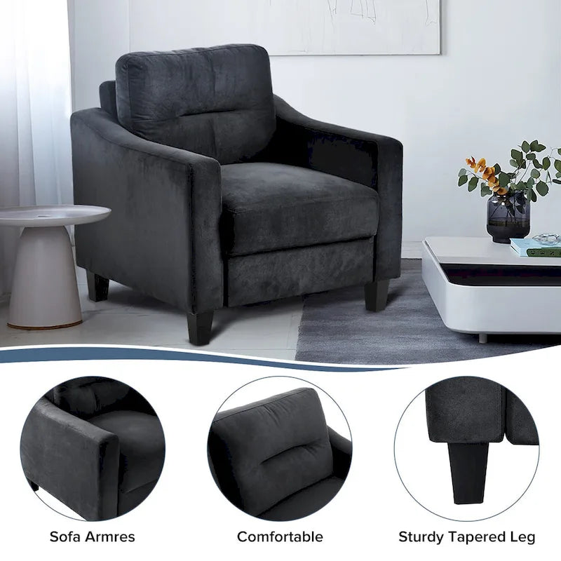 Fauteuil d'appoint noir moderne de 32 pouces, rembourré, avec structure en bois dur et coussin moelleux
