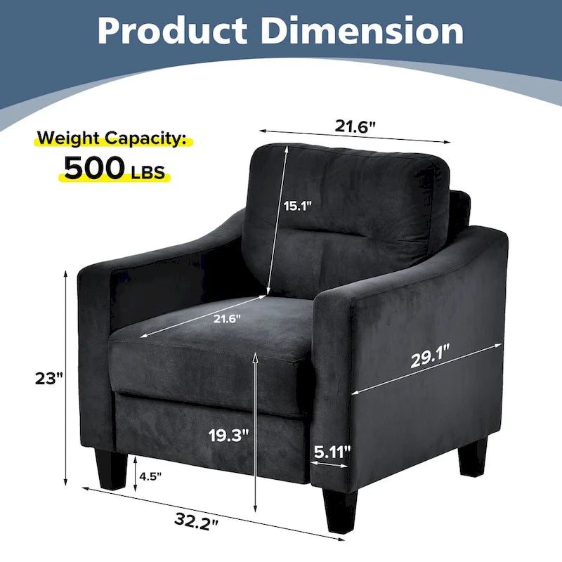 Fauteuil d'appoint noir moderne de 32 pouces, rembourré, avec structure en bois dur et coussin moelleux