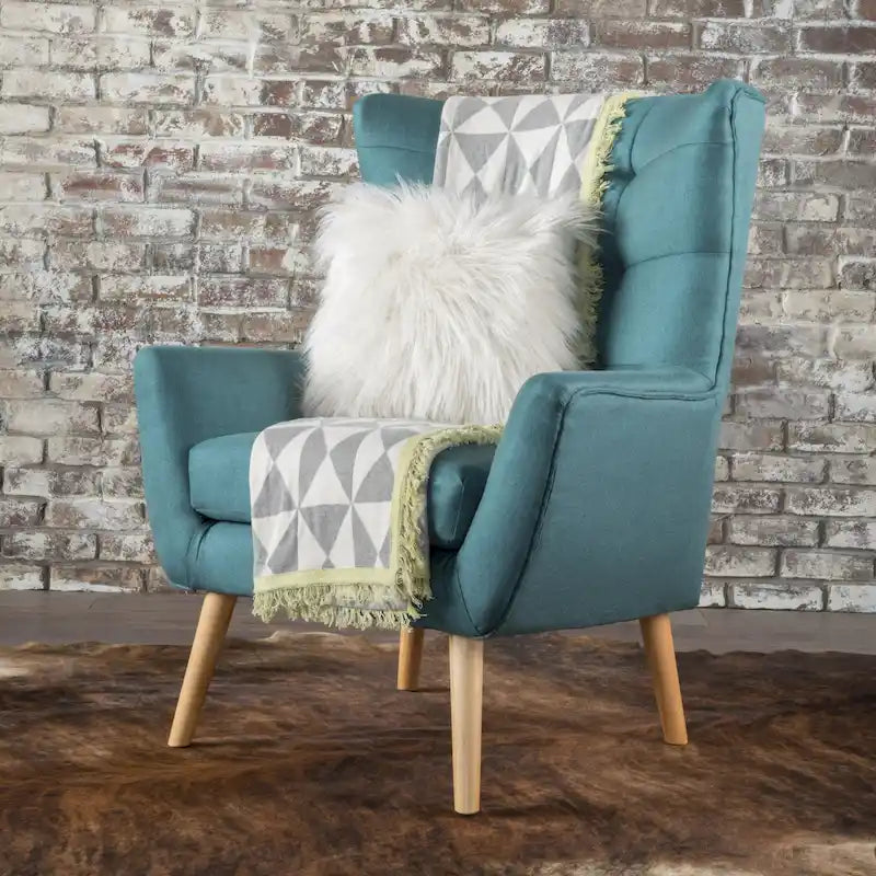Fauteuil d'appoint dossier haut à oreilles, capitonné, accoudoirs évasés, pieds en bois d'hévéa