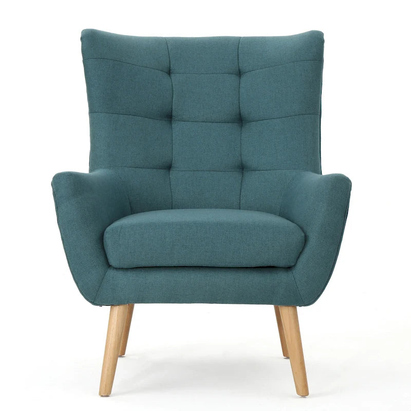 Fauteuil d'appoint dossier haut à oreilles, capitonné, accoudoirs évasés, pieds en bois d'hévéa