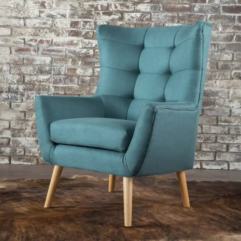 Fauteuil d'appoint dossier haut à oreilles, capitonné, accoudoirs évasés, pieds en bois d'hévéa