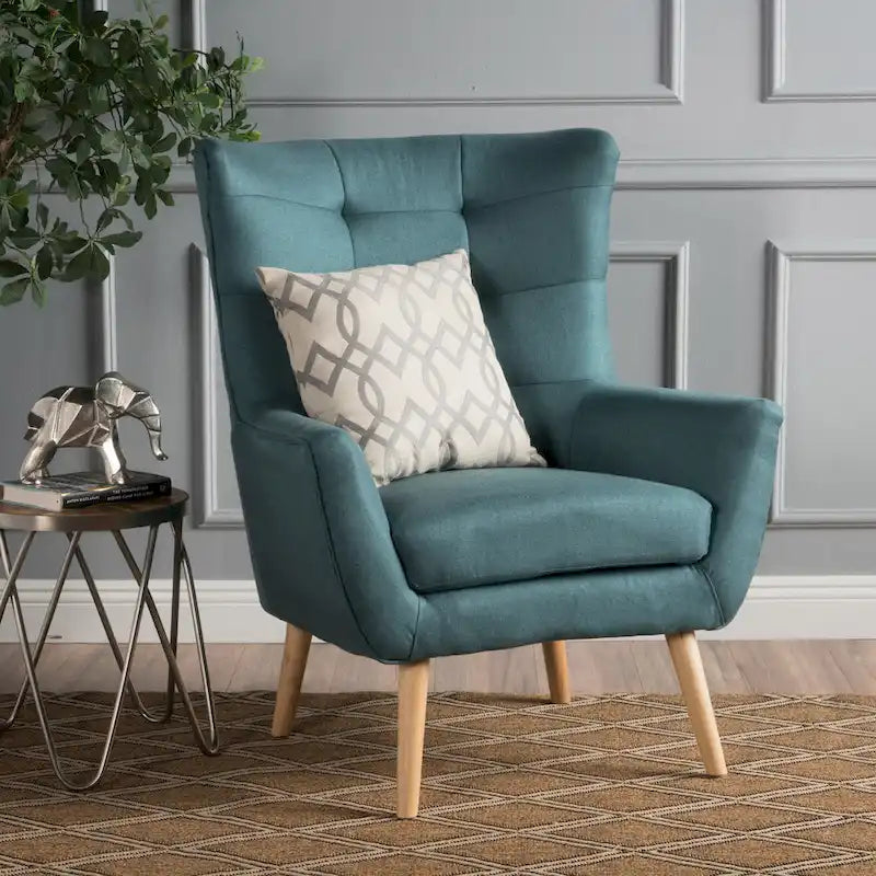 Fauteuil d'appoint dossier haut à oreilles, capitonné, accoudoirs évasés, pieds en bois d'hévéa