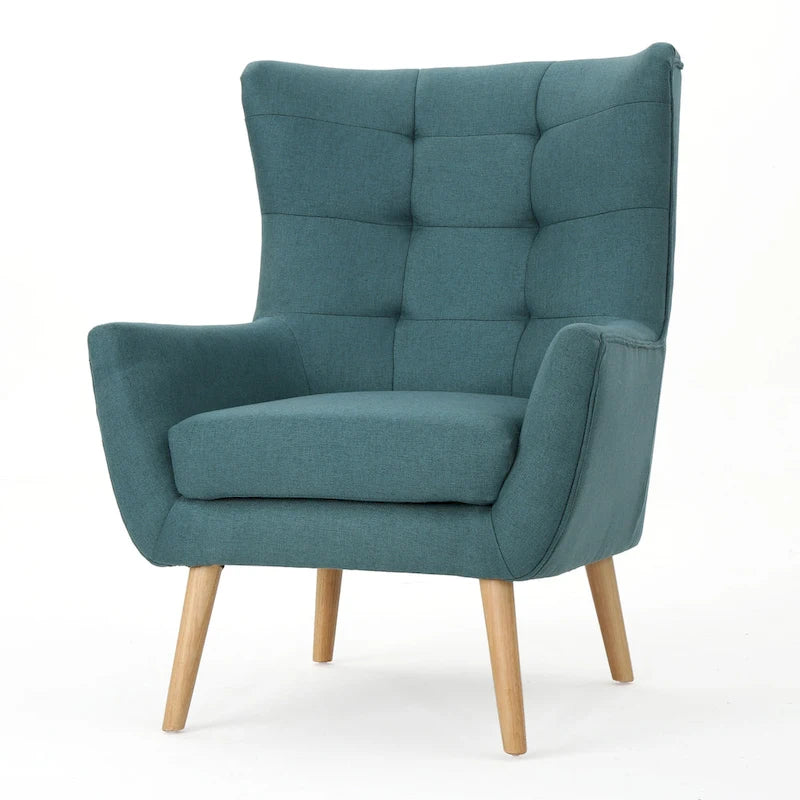 Fauteuil d'appoint dossier haut à oreilles, capitonné, accoudoirs évasés, pieds en bois d'hévéa