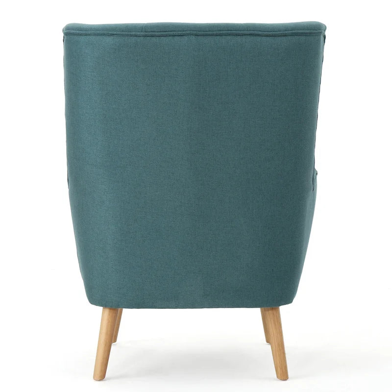 Fauteuil d'appoint dossier haut à oreilles, capitonné, accoudoirs évasés, pieds en bois d'hévéa