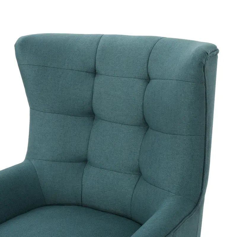 Fauteuil d'appoint dossier haut à oreilles, capitonné, accoudoirs évasés, pieds en bois d'hévéa